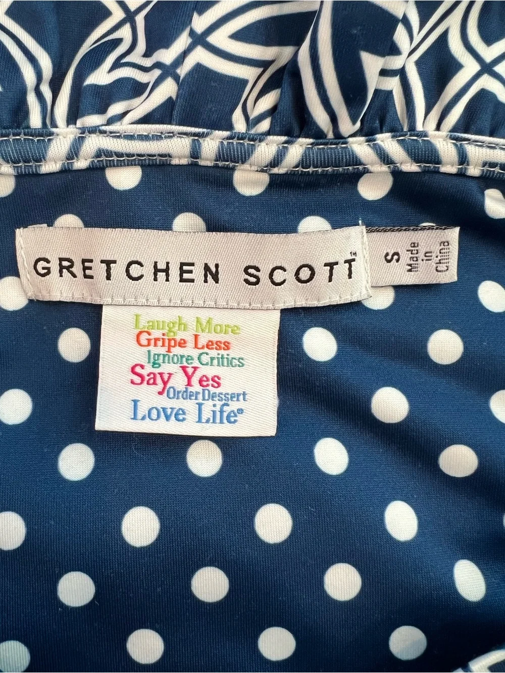 Gretchen Scott jersey ruffneck | navy & white geometric Ring Toss pattern |SZ S - Picture 13 of 13